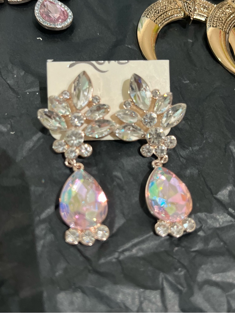 Crystal Teardrop Statement Earrings - Iridescent Pink -